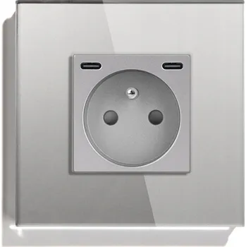 Elektrická zásuvka SKLENĚNÁ ZÁSUVKA JEDNODUCHÁ USB C+C RYCHLÉ NABÍJENÍ 20W QC 4A ZÁSUVKA 16A