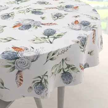 ubrus Bavlněný kulatý ubrus Sandra SA-707 Modré květy Protea na bílém Ø 40 cm