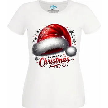 Dámské tričko Dámské tričko Vánoční Santova Čepice (Velikost: XS, Barva: Bílá)
