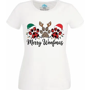 Dámské tričko Dámské tričko Vánoční Tlapky Merry Woofmas (Velikost: 4XL, Barva: Bílá)
