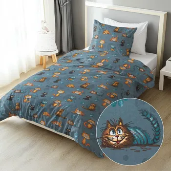 Povlečení Dětské bavlněné ložní povlečení Sandra SA-705 Kočičí parta na tmavě šedomodrém Prodloužené 140x220 a 70x90 cm