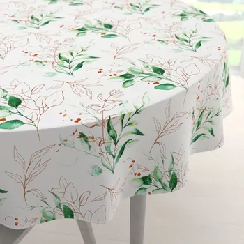 ubrus Bavlněný kulatý ubrus Sandra SA-706 Zeleno-hnědé větvičky s lístky na bílém Ø 40 cm