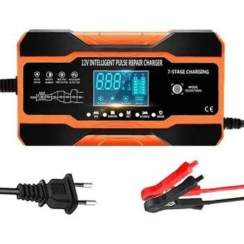 Nabíječka autobaterie Nabíječka autobaterií 12 V 12 A Inteligentní pulzní opravná nabíječka s LCD displejem pro olověné, AGM a GEL akumulátory EU zásuvka