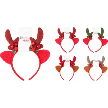 Vánoční dekorace Vánoční čelenka dětská, sob s parohy zdobenými rolničkami a mašlí, mix 4 barev