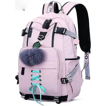 Školní batoh Dívčí teenager školní batoh s USB Třešničky Růžový 20L