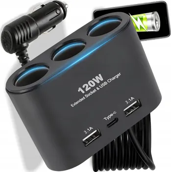 ROZDVOJKA ZÁSUVKY ZAPALOVAČE NABÍJEČKA AUTOMOBILOVÁ USB-C USB QC 120W