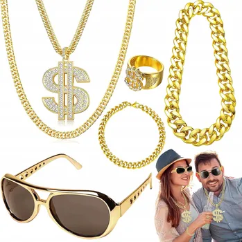 Karnevalový kostým KOSTÝM PŘEVLEK DISCO HIP-HOP PUNK RAPER 80. a 90. LÉTA ZLATÝ ŘETĚZ, BRÝLE