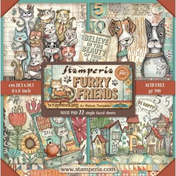 Stamperia Sada jednostranných papírů 20×20cm Furry Friends (22ks)