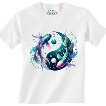 Dívčí oblečení Dětské tričko Jin a Jang Kapr Koi Horoskop Ryby (Velikost: 9-11, Barva: Bílá)