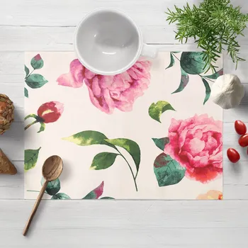 prostírání Bavlněné prostírání na stůl Sandra SA-715 Velké růžovočervené pivoňky na smetanovém 35x45 cm