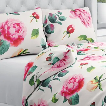 Povlečení Bavlněné ložní povlečení Sandra SA-715 Velké růžovočervené pivoňky na smetanovém Jednolůžko 140x200 a 70x90 cm