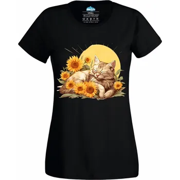 Dámské tričko Vyhřívající se Kočka mezi Slunečnicemi (Velikost: 4XL, Barva: Černá)