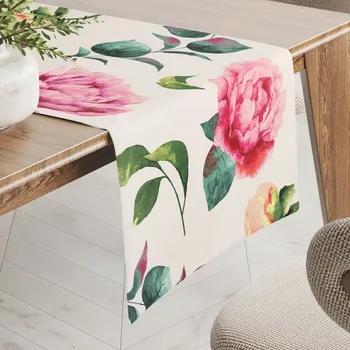 ubrus Bavlněný běhoun na stůl Sandra SA-715 Velké růžovočervené pivoňky na smetanovém 20x140 cm