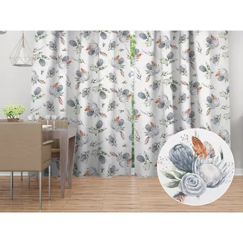 ubrus Bavlněný závěs Sandra SA-707 Modré květy Protea na bílém 150x140 cm