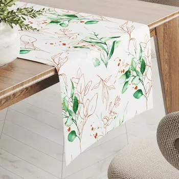 ubrus Bavlněný běhoun na stůl Sandra SA-706 Zeleno-hnědé větvičky s lístky na bílém 20x140 cm