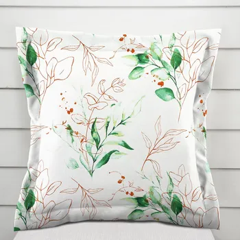 Povlak na dekorativní polštářek Bavlněný povlak na polštář s lemem Sandra SA-706 Zeleno-hnědé větvičky s lístky na bílém 35 x 45 cm