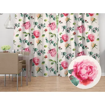 ubrus Bavlněný závěs Sandra SA-715 Velké růžovočervené pivoňky na smetanovém 150x170 cm