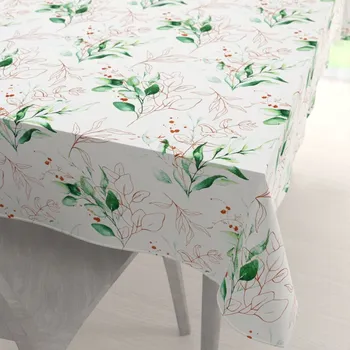 ubrus Bavlněný obdélníkový ubrus Sandra SA-706 Zeleno-hnědé větvičky s lístky na bílém 60x100 cm