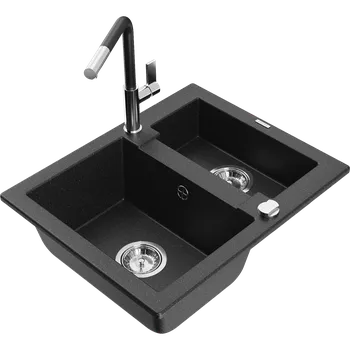 Granitový dřez Mexen Carlos granitový dřez 1,5 komorový s kuchyňskou baterií Flora, černý/stříbrný metalík - 6518-73-670401-07 Granitové dřezy s baterií