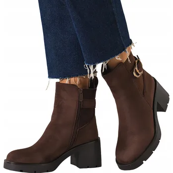 Dámské kozačky KOTNÍKOVÉ BOTY Čokoládové Dámské POHODLNÉ Široký Podpatek Pásek s přezkou MODNE vel. 41