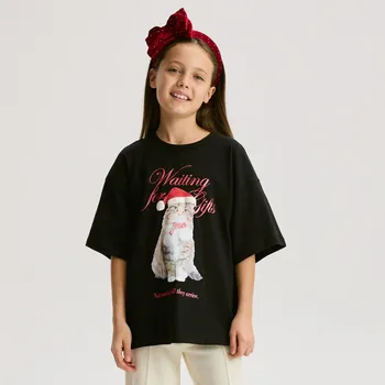Dívčí tričko Reserved - Vánoční tričko s potiskem - černý - 566GW-99X - 566GW-99X-128