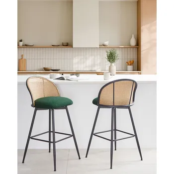 Sada 2 barových židlí zelená buklé sedák kovový rám opěradlo s vídeňským výpletem otočné retro styl kuchyně jídelna Beliani