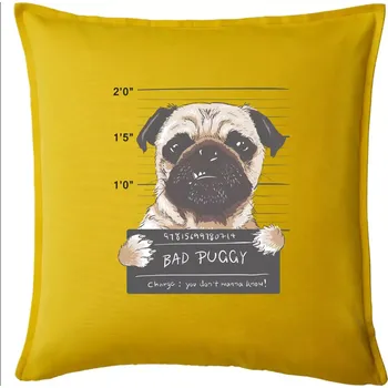 Polštář Mops - Bad Puggy - Polštář 50x50 - 50x50 - Pouze potah ( Žlutá )
