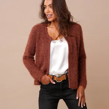 Dámský svetr Krátký kardigan z úpletu s vlasem a metalickými vlákny čokoládová 38/40