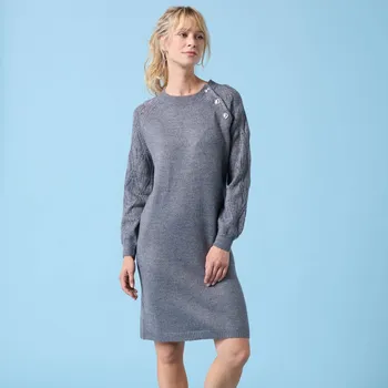 Dámské šaty Úpletové šaty s ažurovými rukávy a knoflíky, pro menší postavu antracitový melír 54