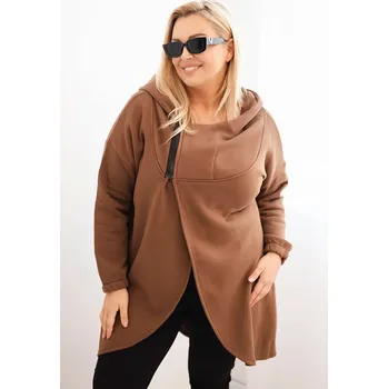Dámská mikina Kesi Dámská mikina Plus Size zateplená s kapucí a asymetrickým zipem Barva: Hnědá, Velikost: 4XL/5XL