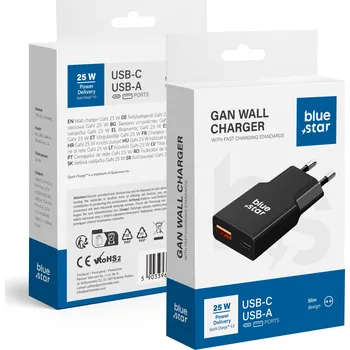 Cestovní nabíječka Blue Star Slim GaN 1x typ C + 1x USB A PD QC4.0 3A 25W černá