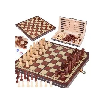 Šachy SESTAVA 3v1 Dřevěné hry Šachy Dáma Vrhcáby oboustranná deska GR0692 univerzální