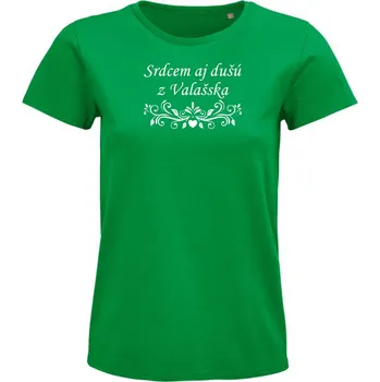 Dámské tričko "Srdcem aj dušú z Valašska" Velikost: L, Barva: Zelená s bílou