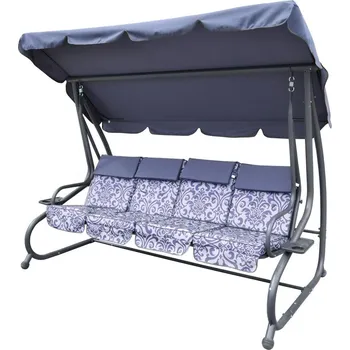 Zahradní houpačka Velká zahradní houpačka pro 4 osoby Šedá + textil + stříška + nastavitelné sedadlo + 4 polštáře