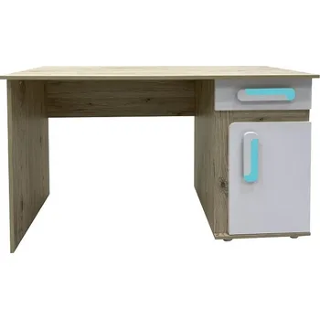 Psací stůl APALUCHA 9- PSACÍ STŮL se šuplíkem a poličkou (APETITO 9) - korpus dub světlý/dvířka bílá/úchyt tyrkysová + lišty(DO) (K150-Z)