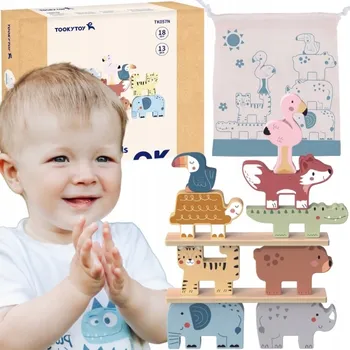 ostatní stavebnice DŘEVĚNÉ STAVEBNICE SKLÁDAČKA VĚŽ STACKER ZVÍŘÁTKA MONTESSORI 13 DÍLKŮ