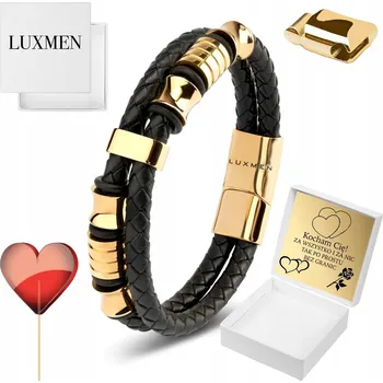 Náramek KOŽENÝ PÁNSKÝ NÁRAMEK ZLATÝ TITANOVÁ OCEL S GRAVÍROVÁNÍM NASTAVITELNÝ PEVNÝ