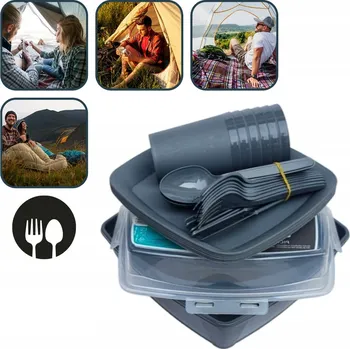 Talíř PIKNIKOVÁ SADA - PŘÍBORY, HRNKY, TALÍŘE x6 + KRABIČKA 32 DÍLŮ PRO KEMPOVÁNÍ