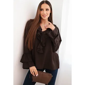 Dámská halenka Kesi Dámská halenka z viskózy s volány a dlouhým rukávem Barva: Hnědá, Velikost: UNI