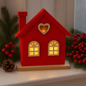 Vánoční dekorace Domek filcový červený svítící 21*21cm 2009203-1A