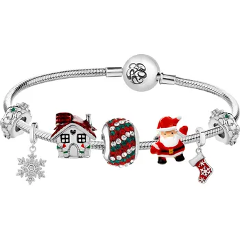 Náramek Stříbrný náramek Beads sada – sněhová vločka, svatý Mikuláš, ponožka, domeček, Vánoce - AP93-0464
