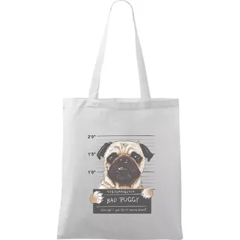 Mops - Bad Puggy - Taška bavlněná - 42 x 38 cm ( Bílá )