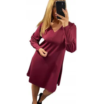 Dámské šaty V568 ŠATY S DLOUHÝM RUKÁVEM, HLADKÝM VÝSTŘIHEM DO V, VÍNOVÉ, vel. 50 (5XL)