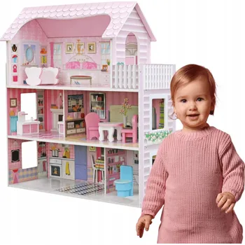 Domeček pro panenku DOMEČEK PRO PANENKY DVOU PATROVÝ DŘEVĚNÝ s nábytkem 3 patra 5 pokojů