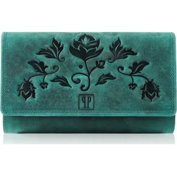 Peněženka Dámská kožená peněženka PAOLO PERUZZI, zelená s květinami, vintage RFID