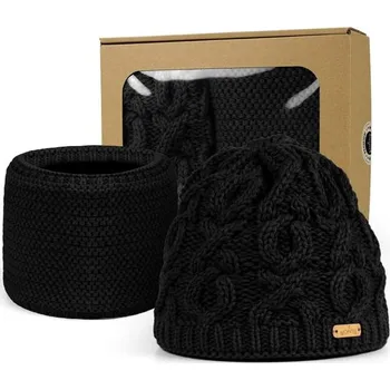 Čepice Bontis Dárkové balení: Dámská čepice s vypleteným vzorem a nákrčník - Černá
