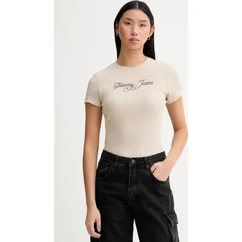 Dámské tričko Tričko Tommy Jeans dámské, béžová barva, DW0DW21838 08X, vel. L
