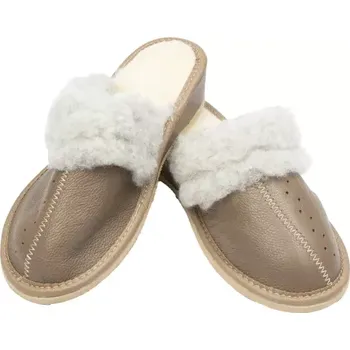 Pánské pantofle Dámské kožené pantofle na klínku s ovčí vlnou hnědé