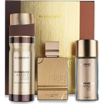 Unisex parfém Al Haramain Amber Oud Gold Edition Extreme Dárková sada Extrait de Parfum 75 ml, extrait de parfum 30 ml a tělový závoj 250 ml