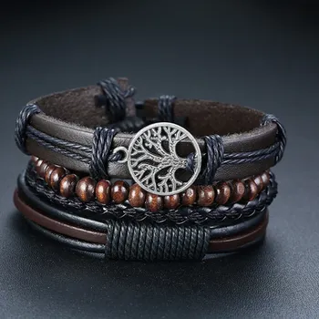 Náramek B-TOP Pánský kožený 4 dílný náramek STROM ŽIVOTA